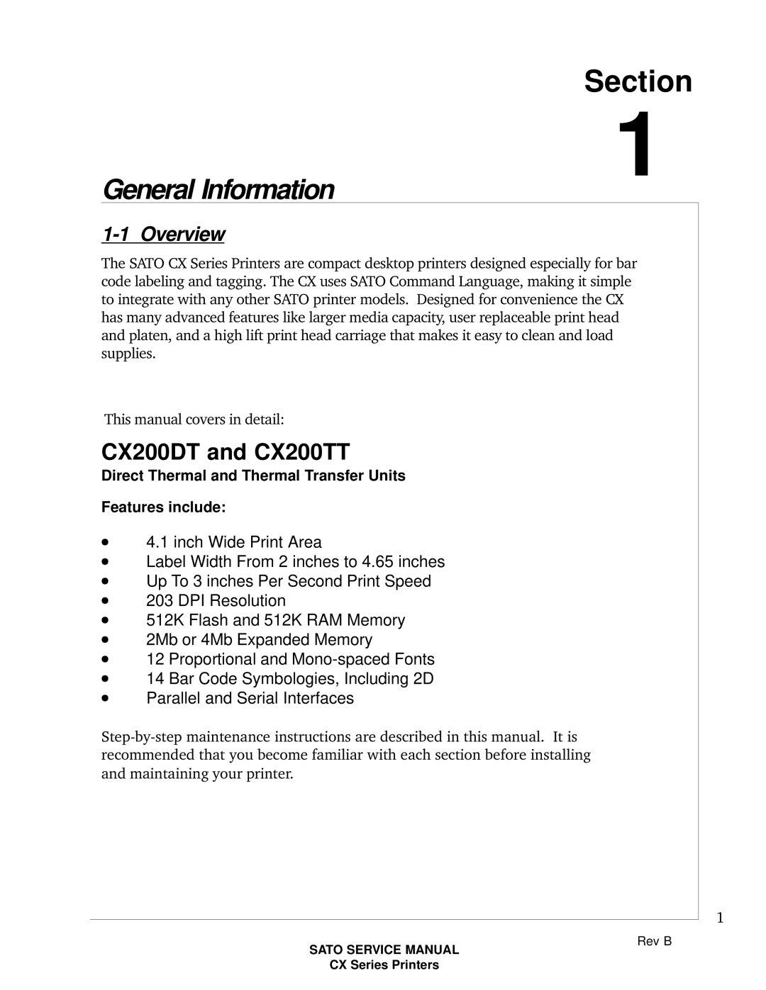 SATO CX200 manual Section, Overview 