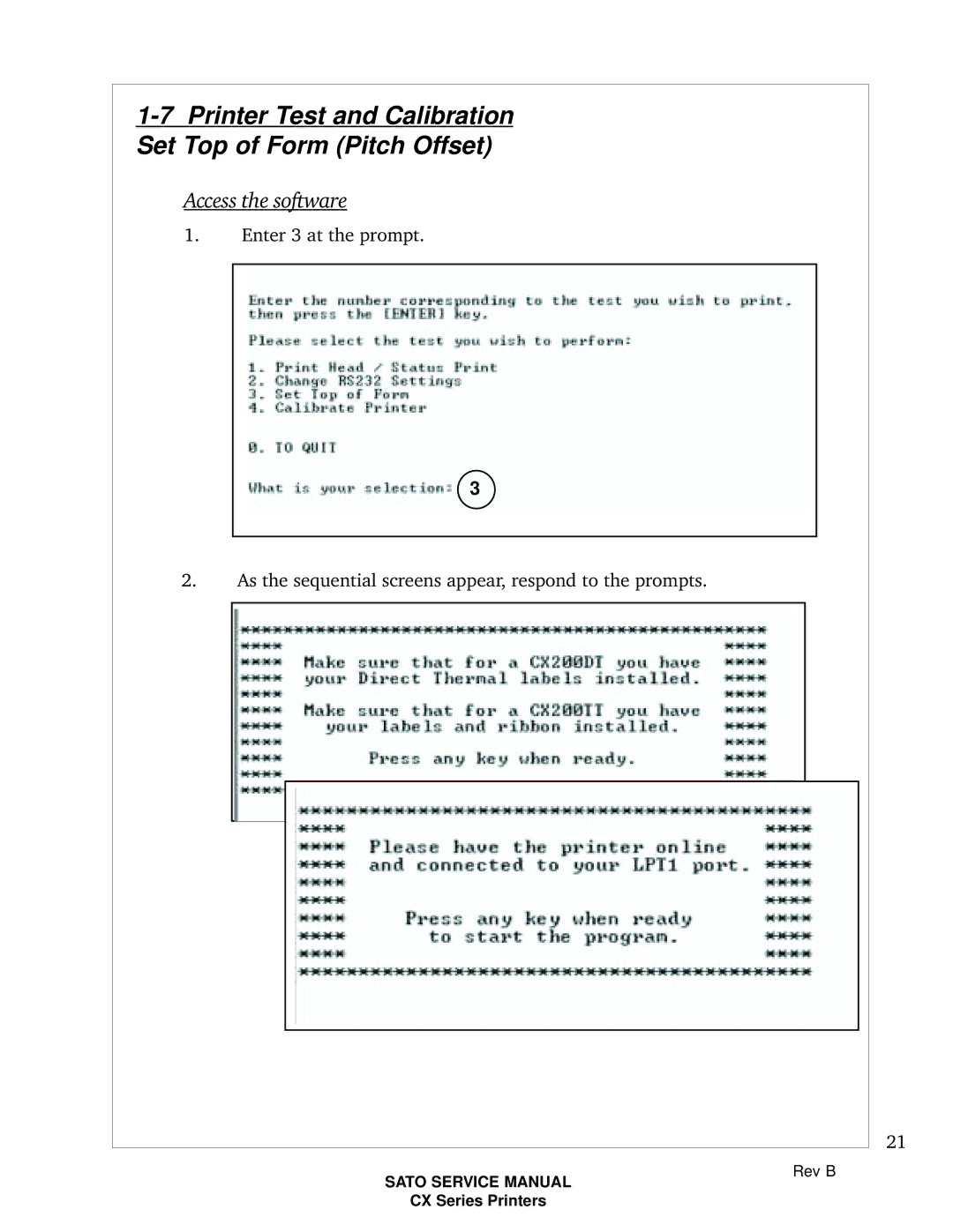 SATO CX200 manual Printer Test and Calibration Set Top of Form Pitch Offset 