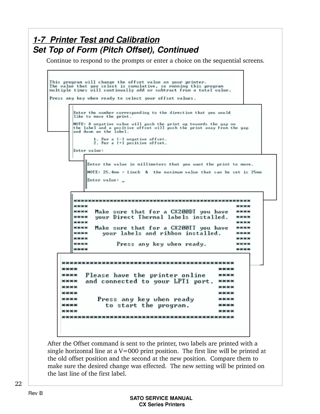 SATO CX200 manual Printer Test and Calibration Set Top of Form Pitch Offset 