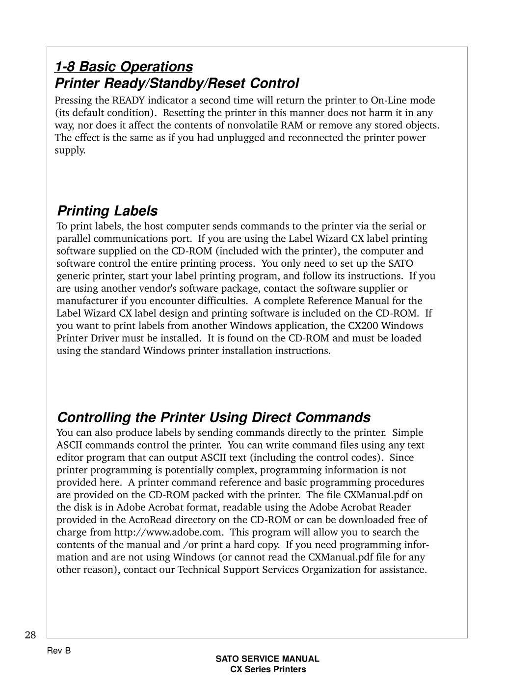 SATO CX200 manual Basic Operations Printer Ready/Standby/Reset Control, Printing Labels 