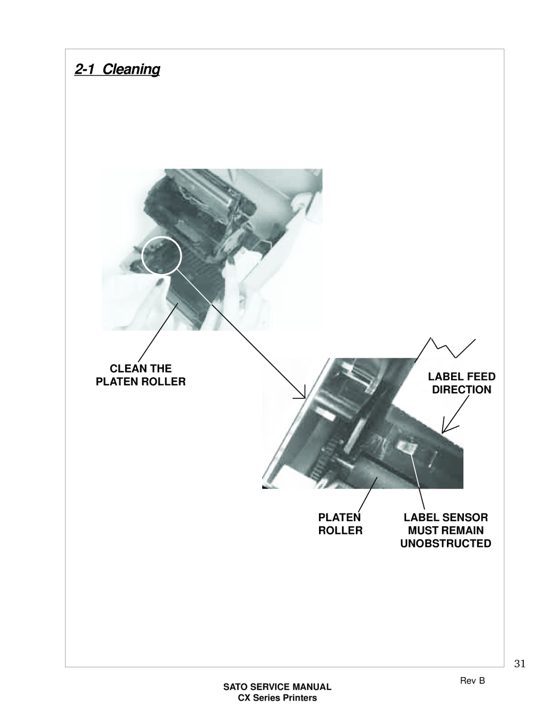 SATO CX200 manual Clean Platen Rollerlabel Feed Direction 