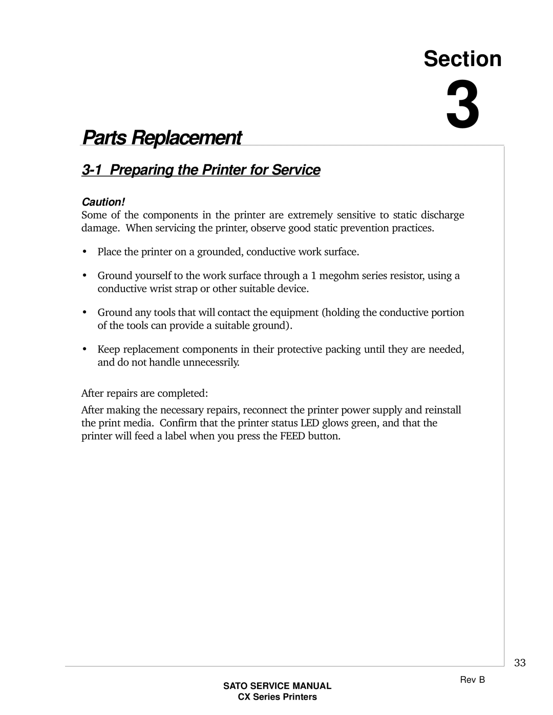 SATO CX200 manual Parts Replacement, Preparing the Printer for Service 