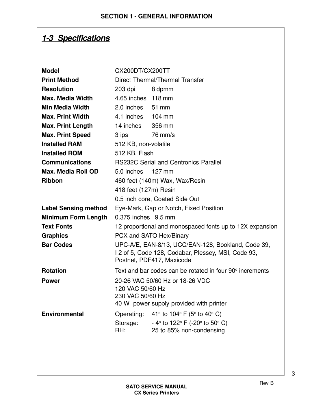 SATO CX200 manual Specifications, Environmental 