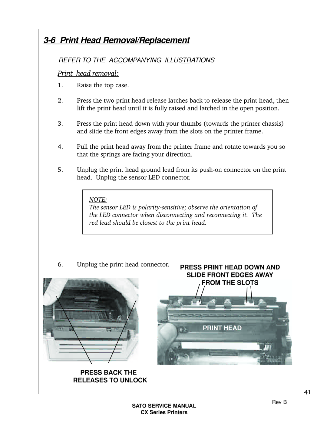 SATO CX200 manual Print Head Removal/Replacement, Print head removal 