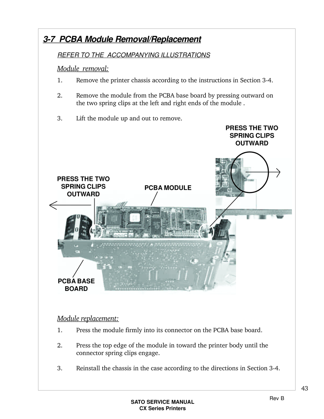 SATO CX200 manual Pcba Module Removal/Replacement, Module removal, Module replacement 