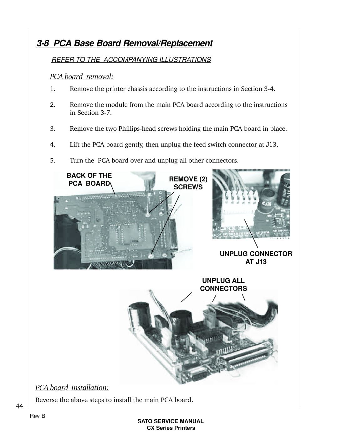 SATO CX200 manual PCA Base Board Removal/Replacement, PCA board removal, PCA board installation 