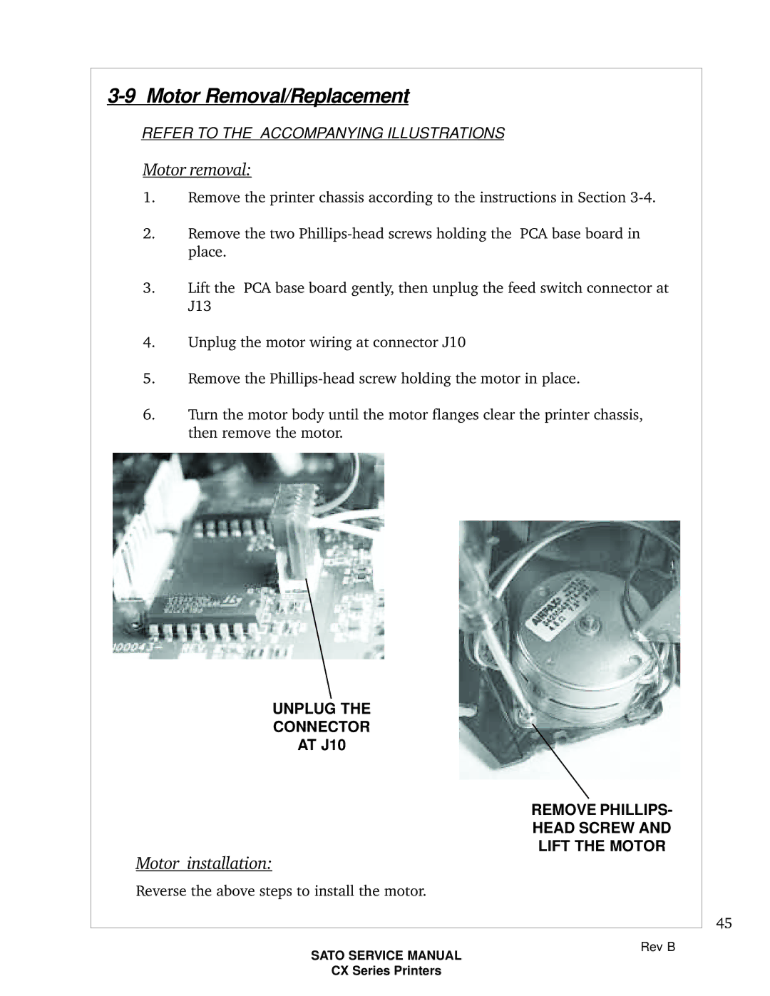 SATO CX200 manual Motor Removal/Replacement, Motor removal, Motor installation 