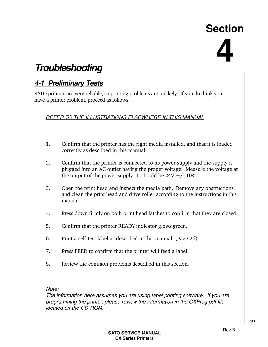 SATO CX200 manual Troubleshooting, Preliminary Tests 