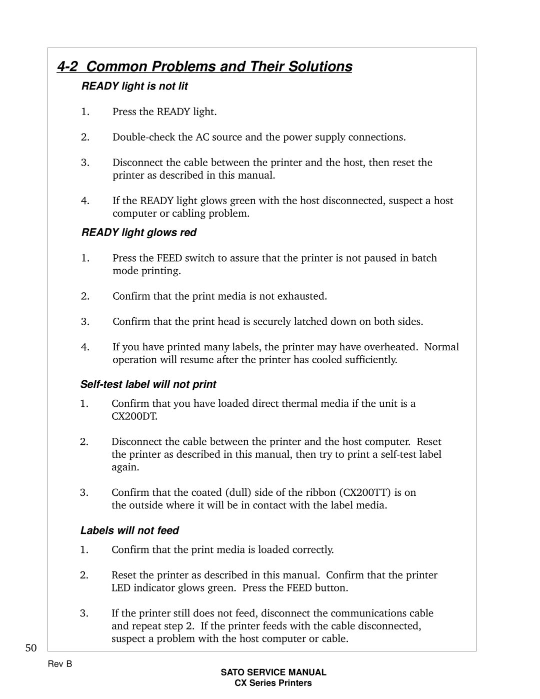 SATO CX200 manual Common Problems and Their Solutions, Ready light is not lit 