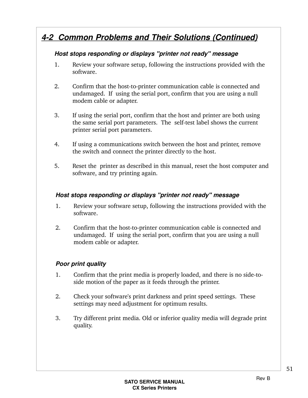 SATO CX200 manual Host stops responding or displays printer not ready message 