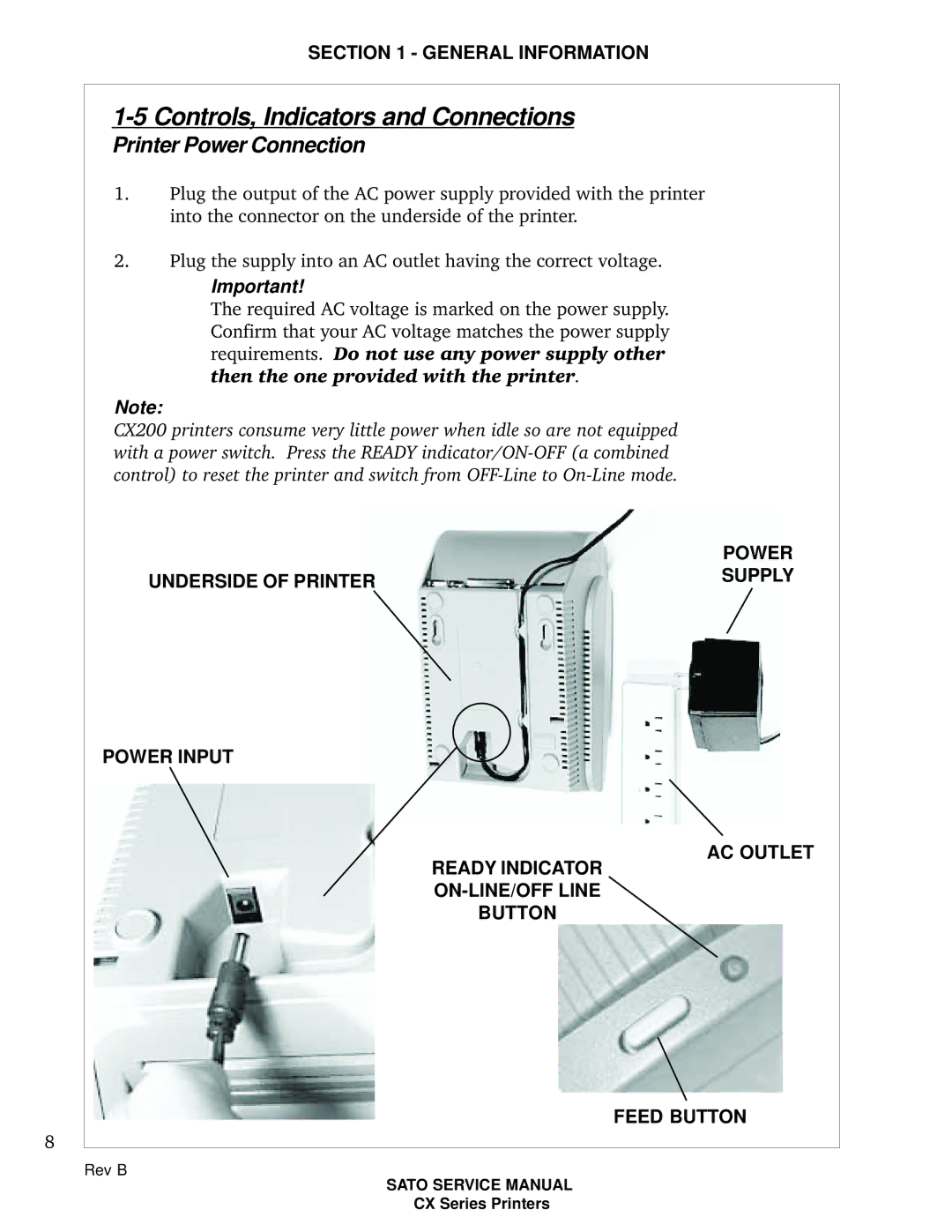 SATO CX200 manual Printer Power Connection 