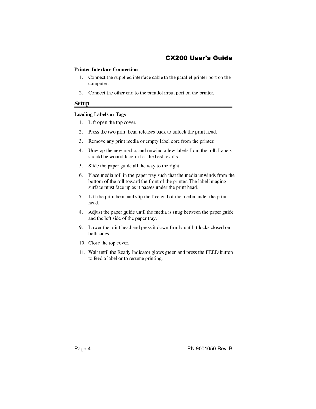 SATO CX200 manual Setup, Printer Interface Connection, Loading Labels or Tags 