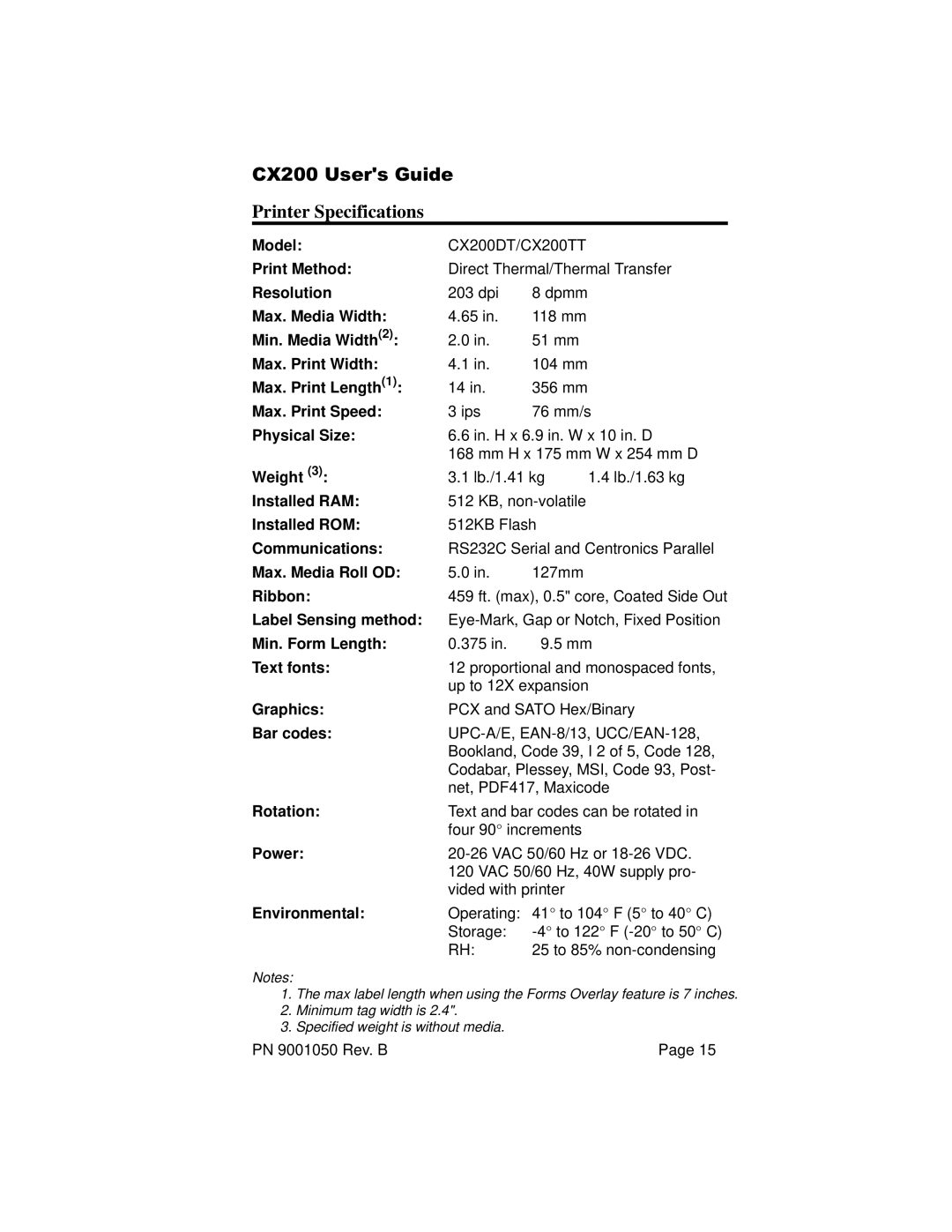 SATO CX200 manual Printer Specifications, Bar codes 