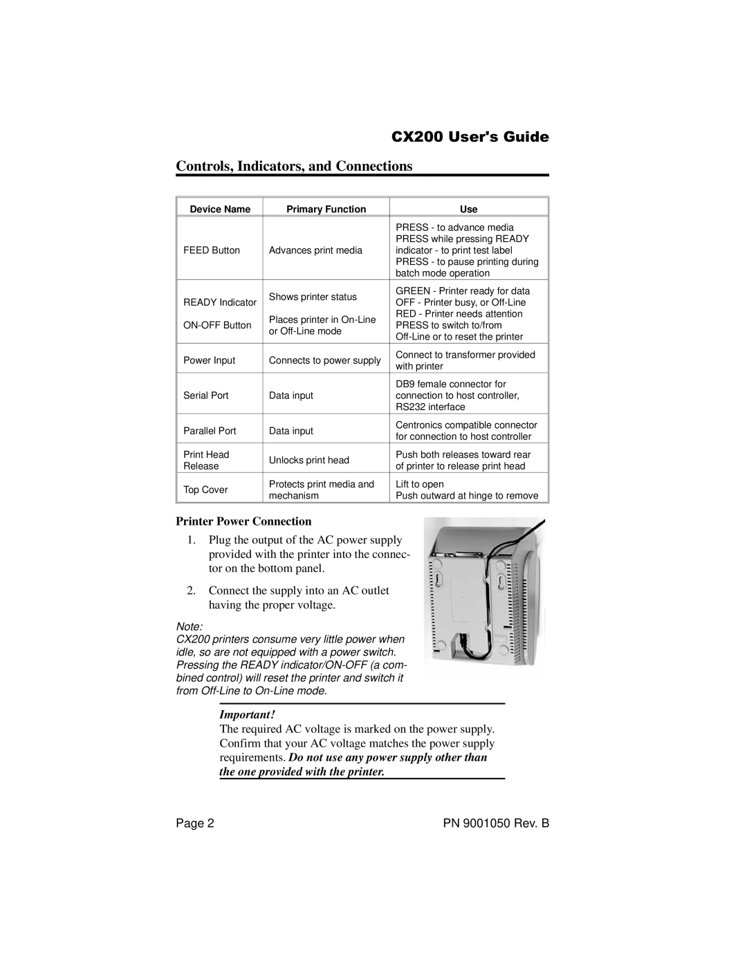 SATO CX200 manual Controls, Indicators, and Connections, Printer Power Connection 