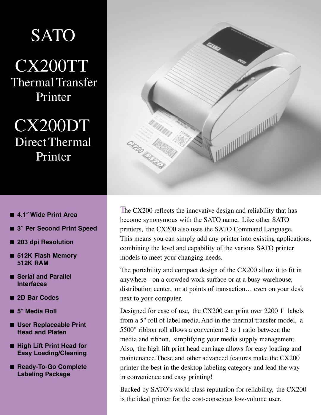 SATO CX200DT manual SATO CX200TT, Thermal Transfer Printer, Direct Thermal Printer 