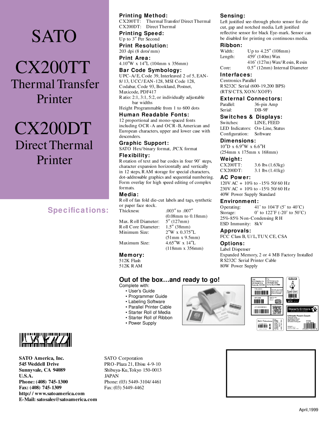 SATO manual SATO CX200TT, CX200DT, Thermal Transfer Printer, Direct Thermal Printer, Speciﬁcations 