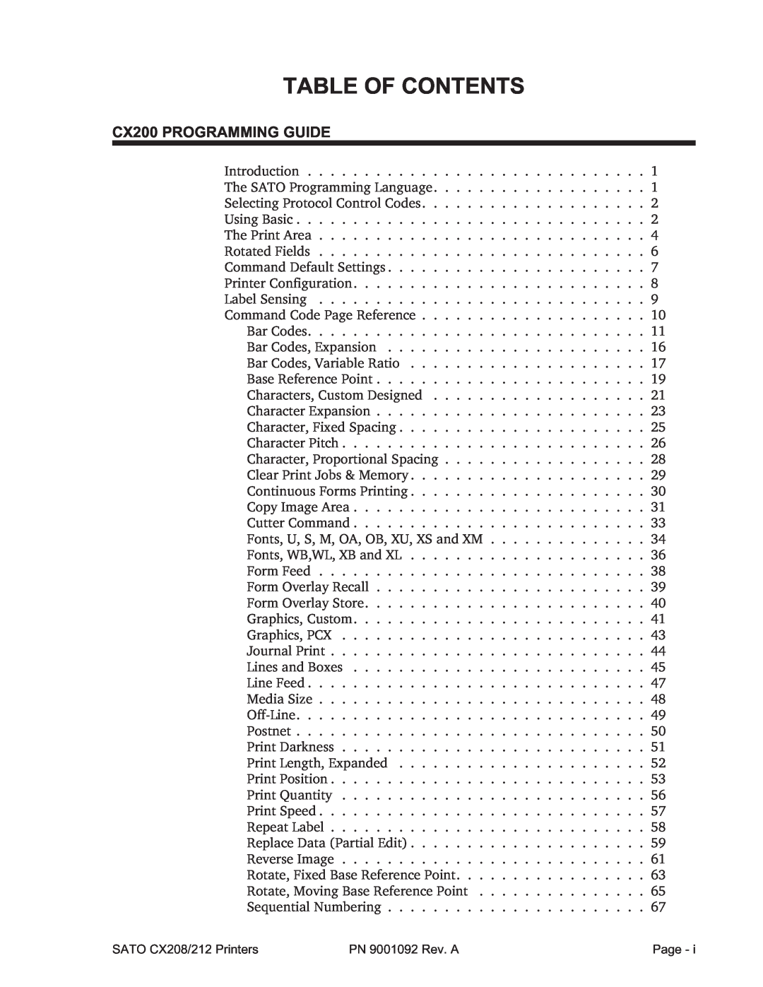 SATO CX208/212 manual Table Of Contents, CX200 PROGRAMMING GUIDE 