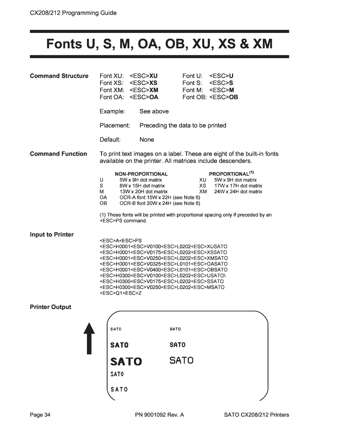 SATO CX208/212 manual Fonts U, S, M, OA, OB, XU, XS & XM, H0300ESCV0125140322517500ESCL0202ESC11UXMSATOUB, ESCQ1ESCZ 