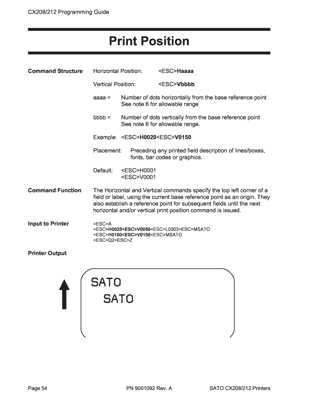 SATO CX208/212 manual Print Position, ESCQ2ESCZAH0025100 0150ESCL0303ESCMSATO 