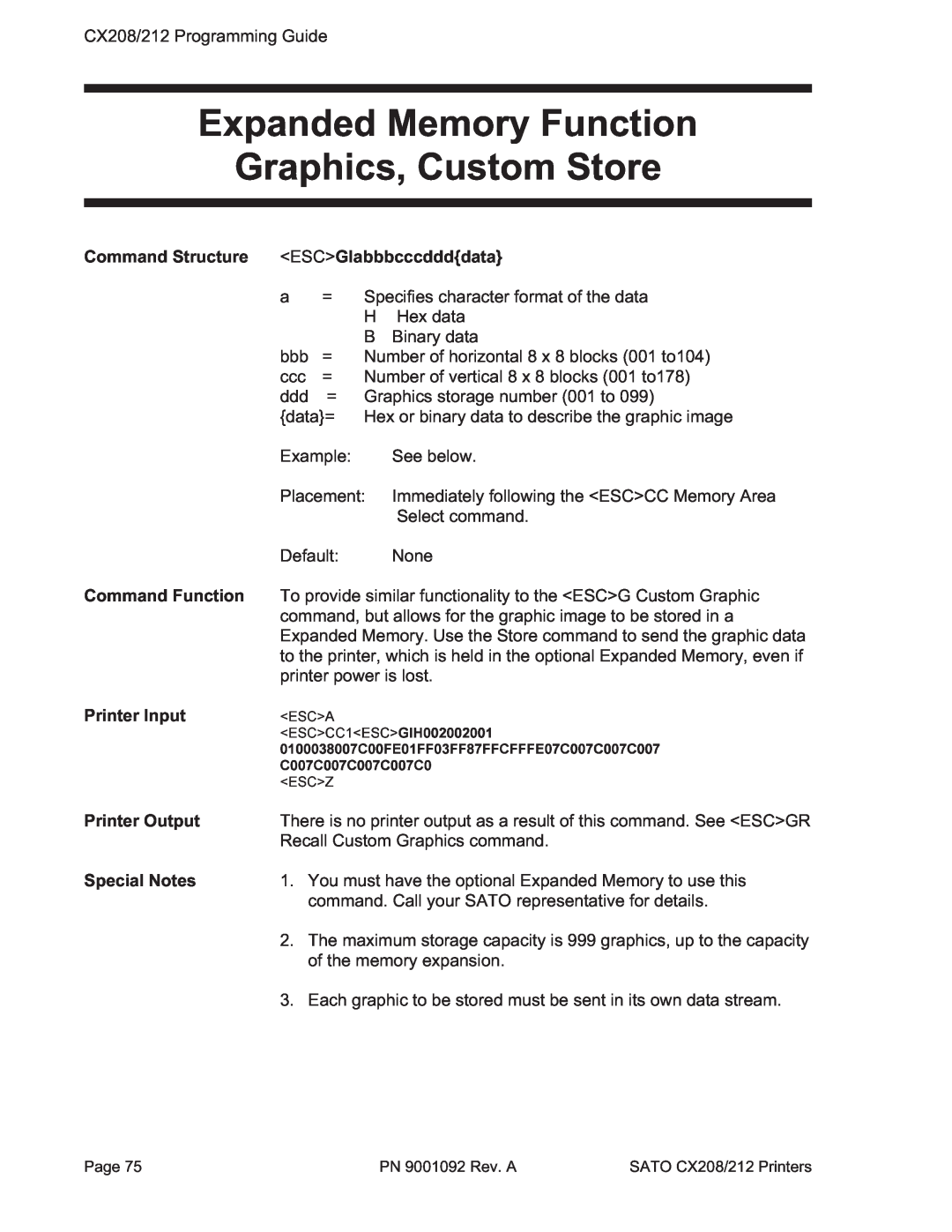 SATO CX208/212 manual Expanded Memory Function Graphics, Custom Store, Command Structure ESCGIabbbcccddddata, Printer Input 