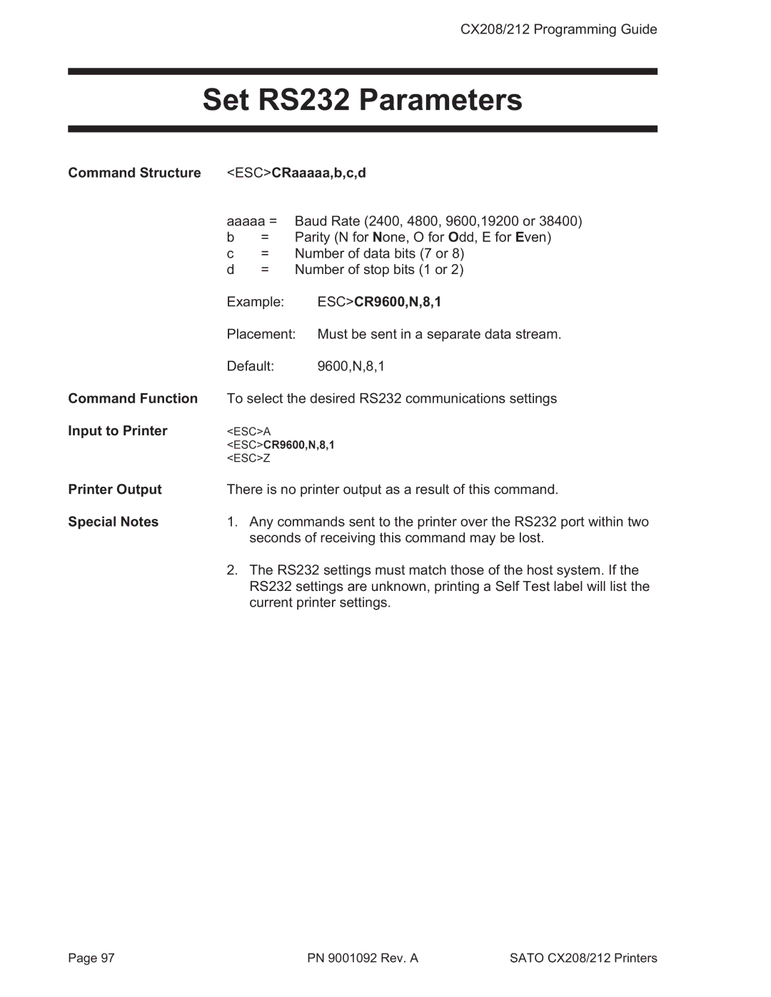 SATO CX208/212 manual Set RS232 Parameters, Command Structure ESCCRaaaaa,b,c,d 