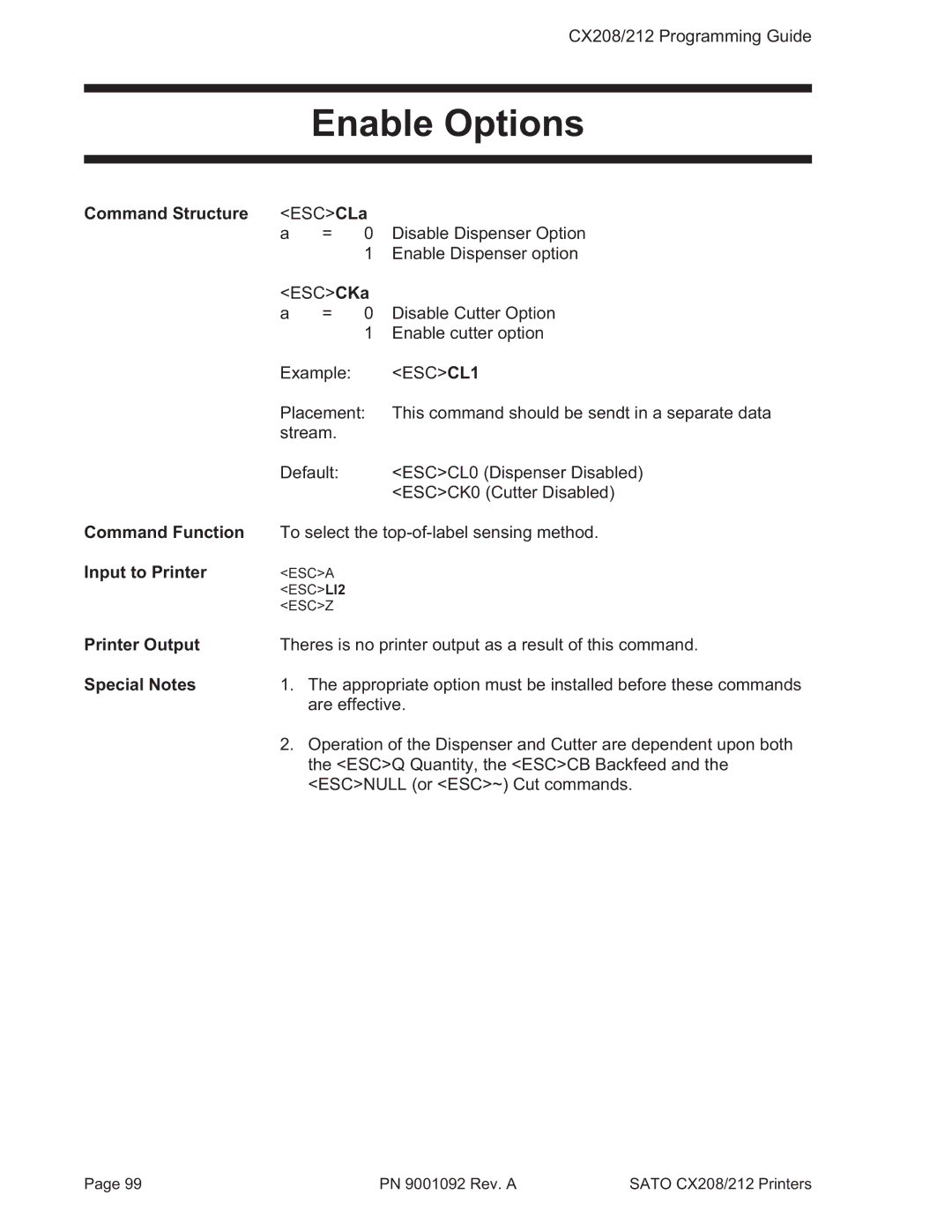 SATO CX208/212 manual Enable Options, ESC CL1 