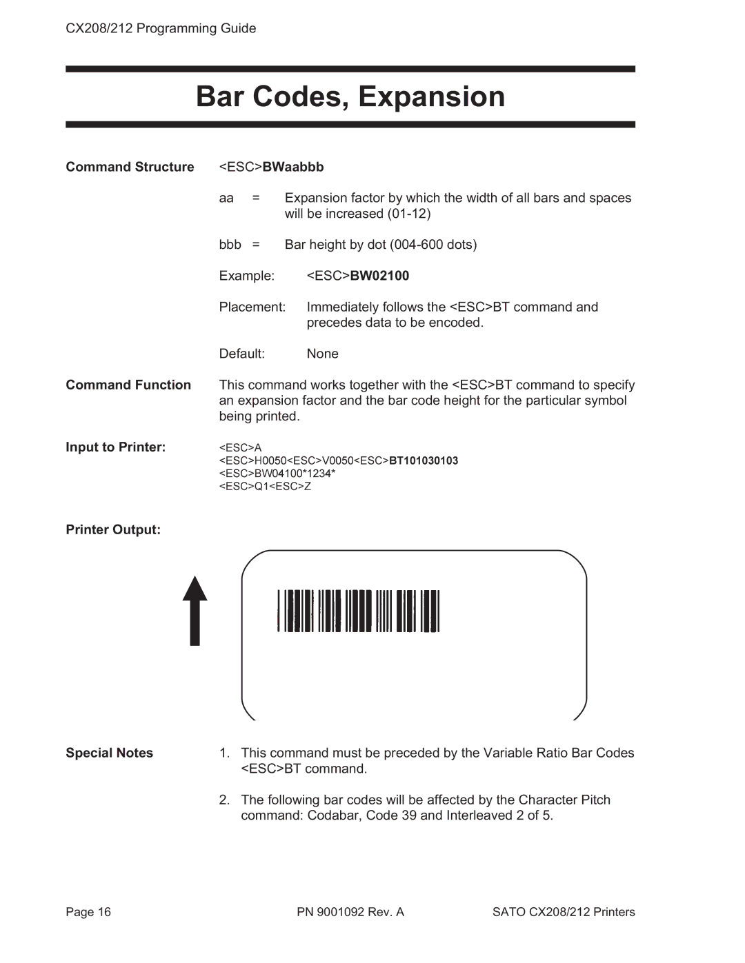 SATO CX208/212 manual Bar Codes, Expansion, Command Structure ESCBWaabbb, Printer Output Special Notes 