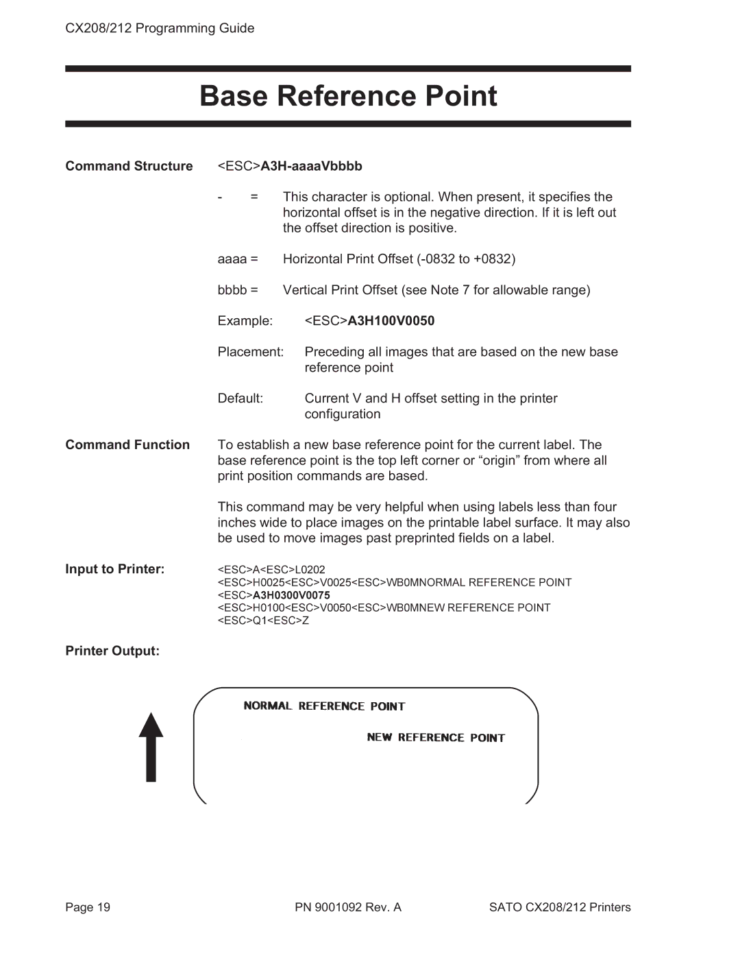 SATO CX208/212 manual Base Reference Point, Command Structure ESCA3H-aaaaVbbbb 
