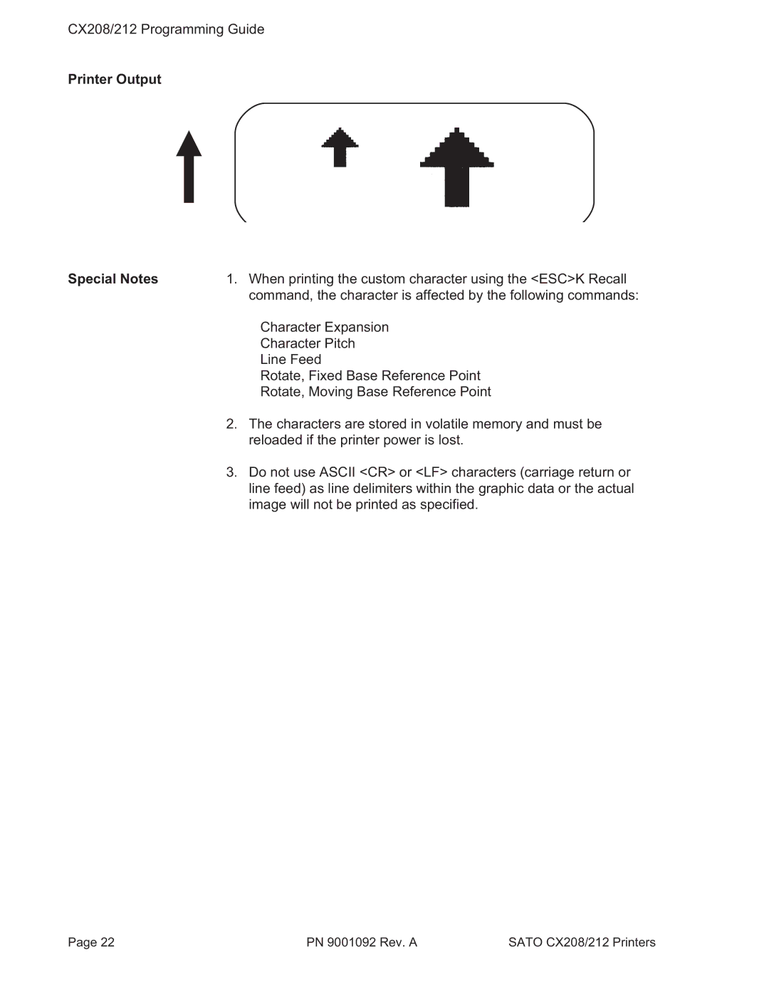 SATO CX208/212 manual When printing the custom character using the Esck Recall 