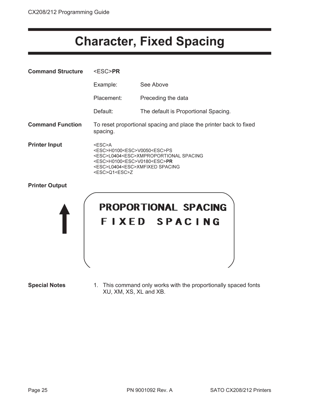 SATO CX208/212 manual Character, Fixed Spacing, Command Structure Escpr 