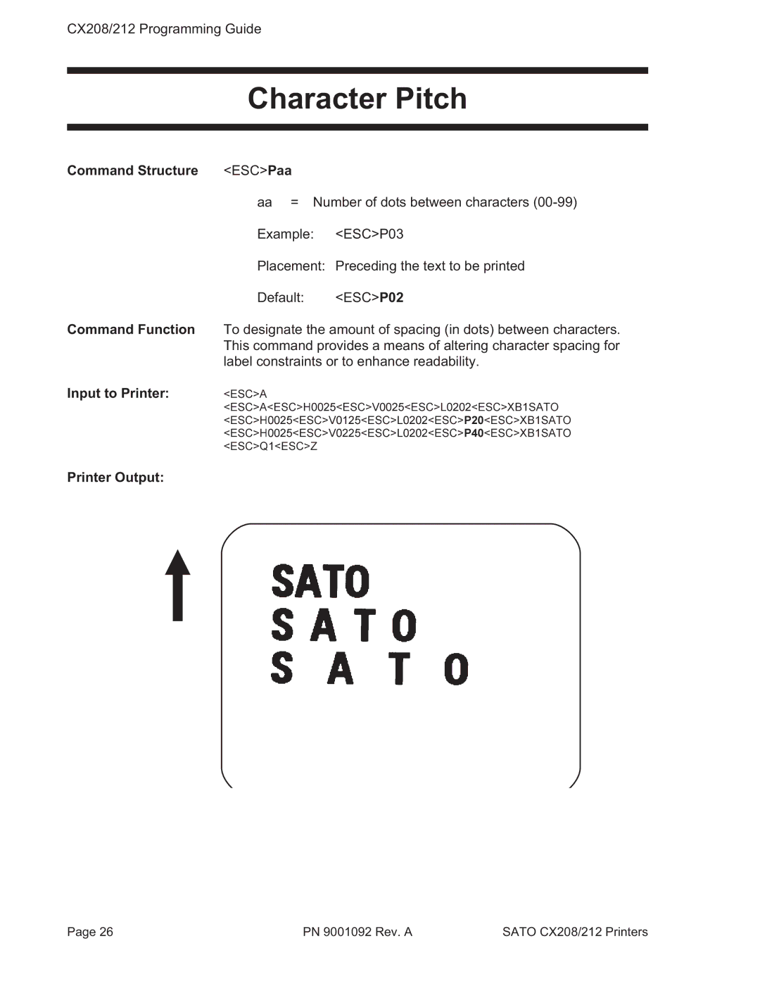 SATO CX208/212 manual Character Pitch, Command Structure ESCPaa 