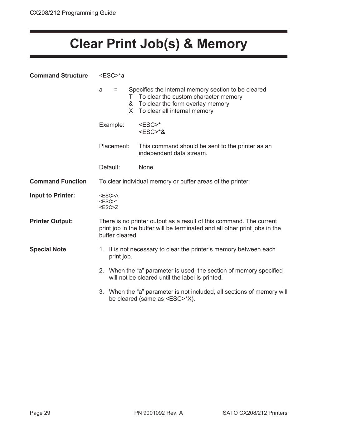 SATO CX208/212 manual Clear Print Jobs & Memory, Command Structure, Special Note 