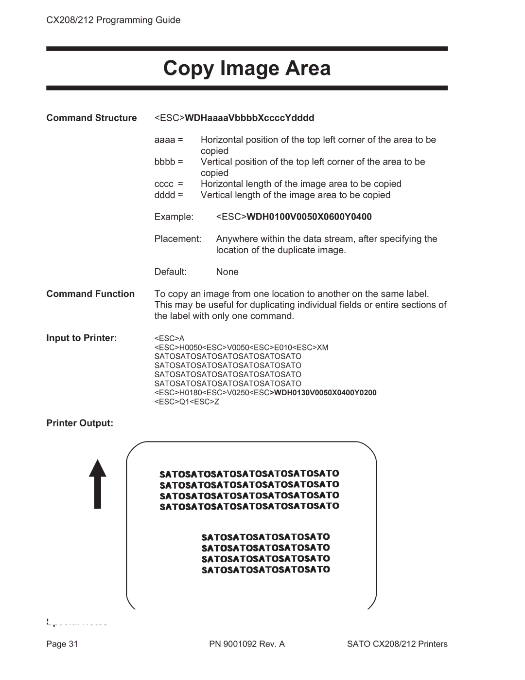 SATO CX208/212 manual Copy Image Area, Command Structure ESCWDHaaaaVbbbbXccccYdddd, Example ESCWDH0100V0050X0600Y0400 