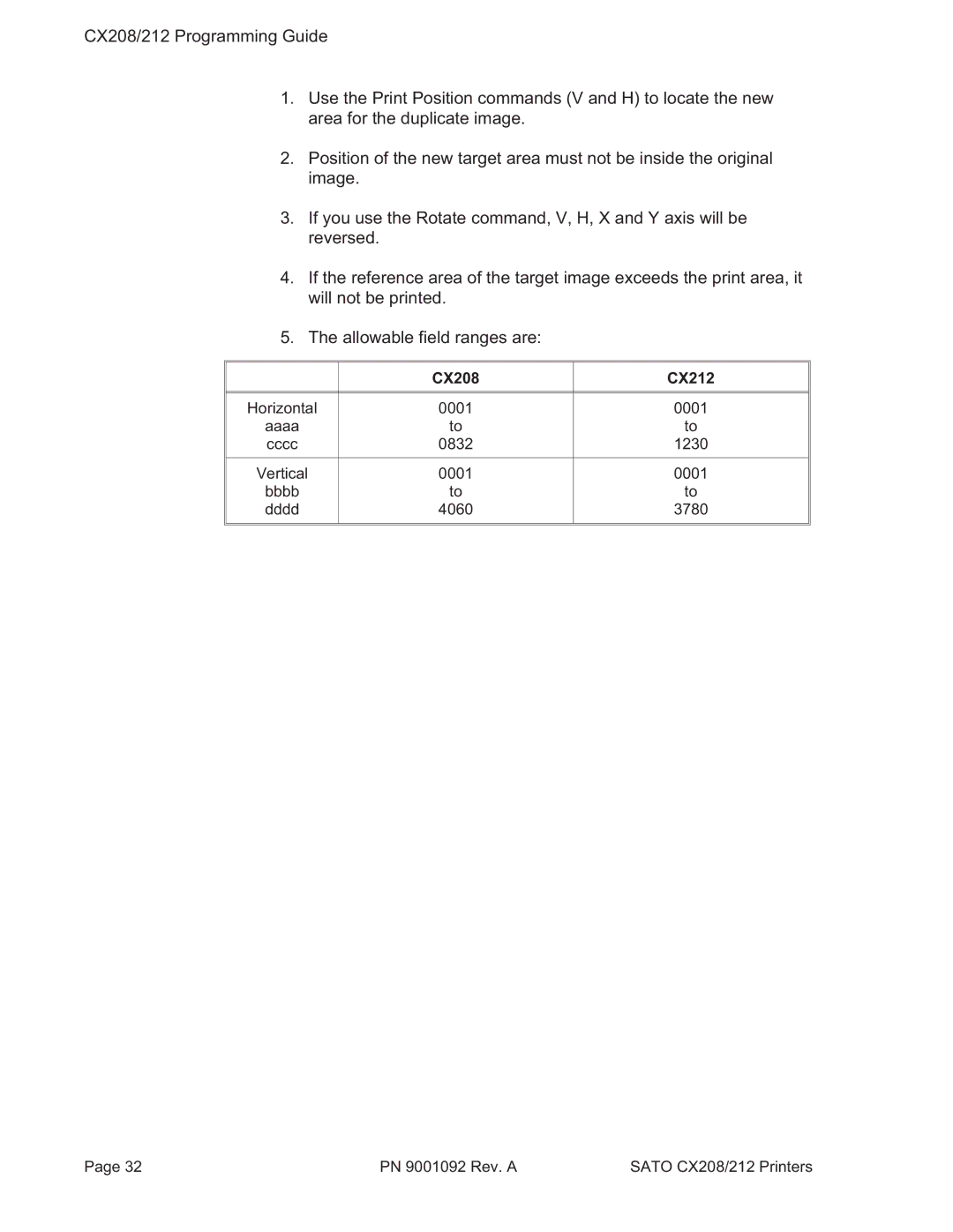 SATO CX208/212 manual Horizontal 0001 Aaaa 