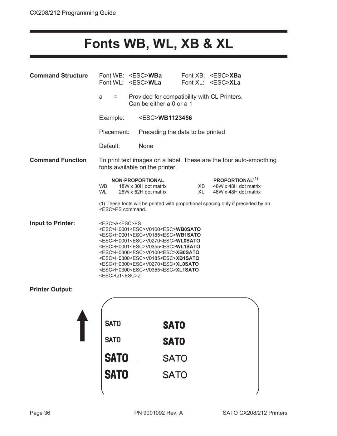 SATO CX208/212 manual Fonts WB, WL, XB & XL, ESCWB1123456 