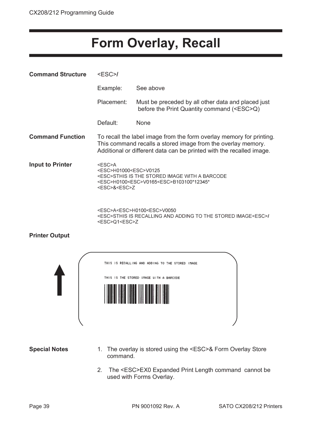 SATO CX208/212 manual Form Overlay, Recall, Command Structure ESC 