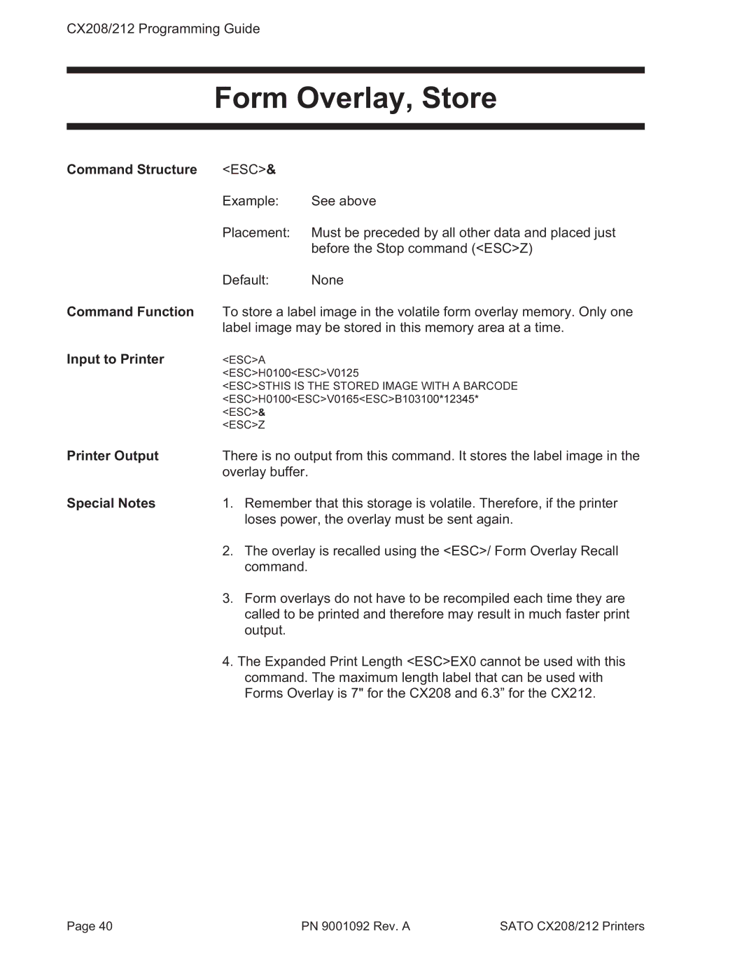 SATO CX208/212 manual Form Overlay, Store 