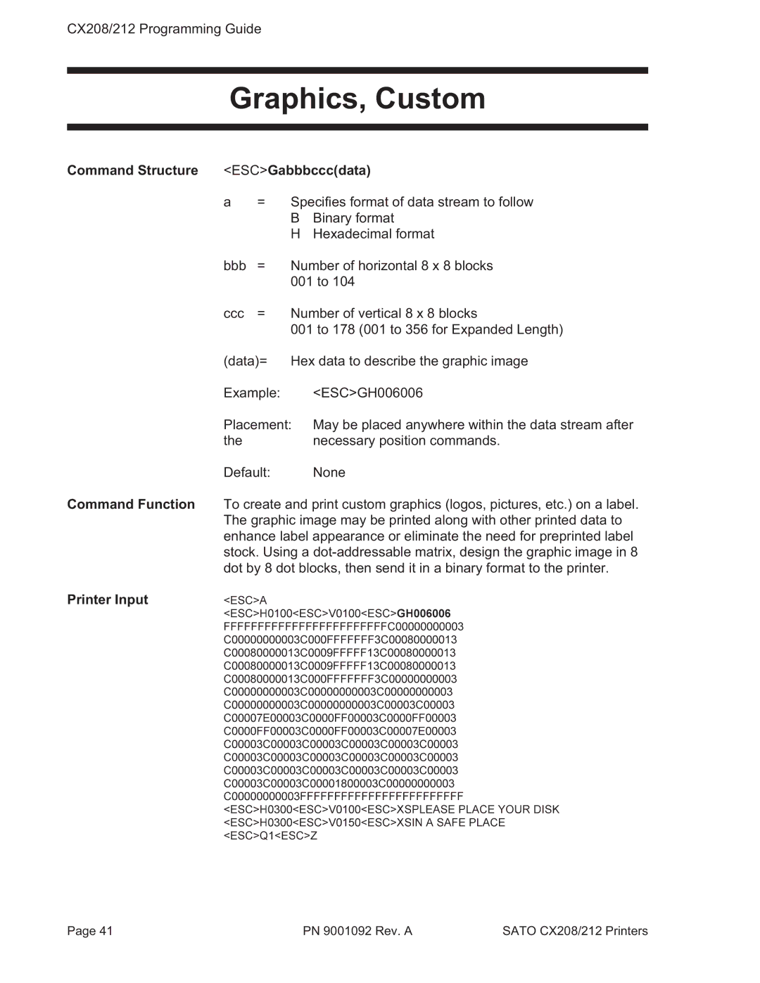 SATO CX208/212 manual Graphics, Custom, Command Structure ESCGabbbcccdata 