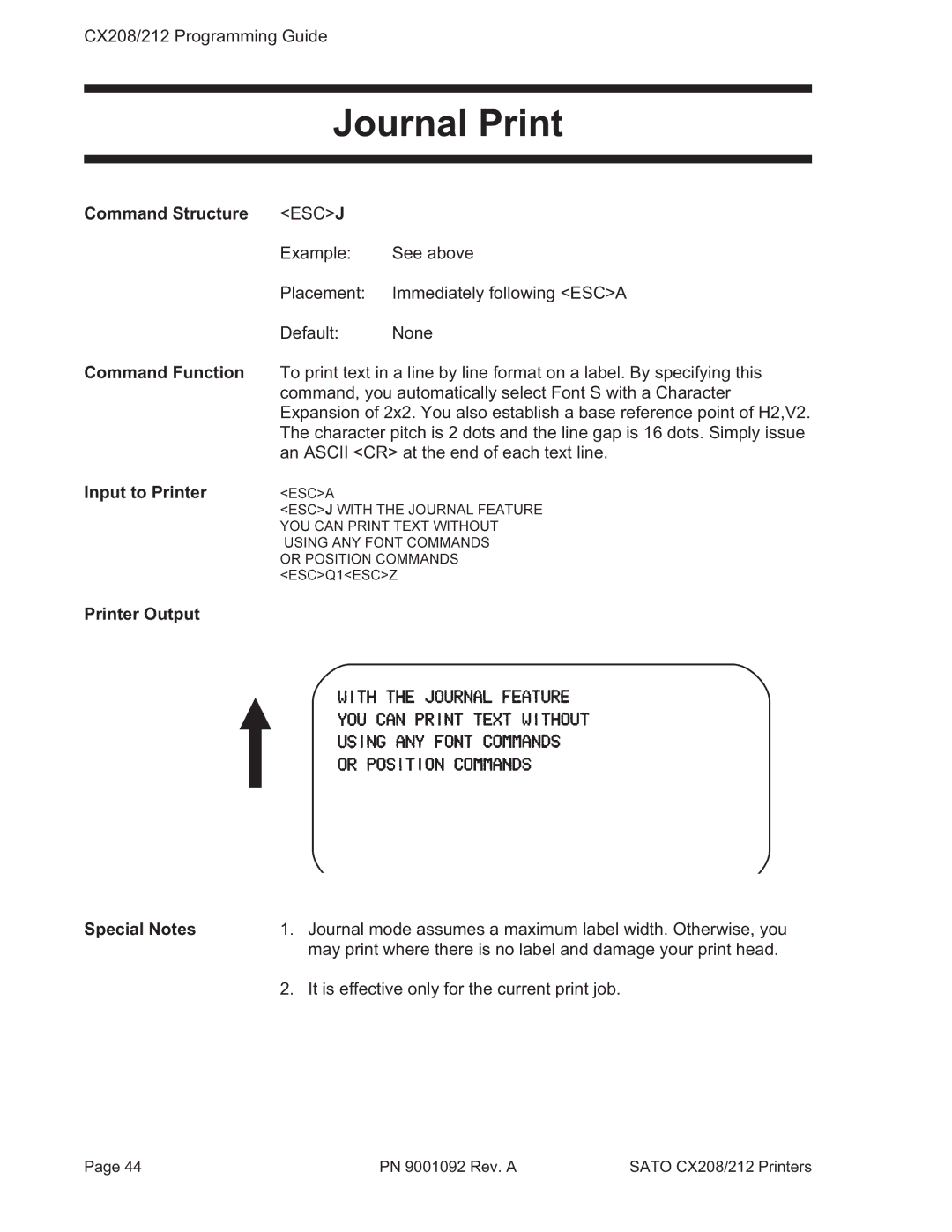 SATO CX208/212 manual Journal Print, Command Structure Escj 