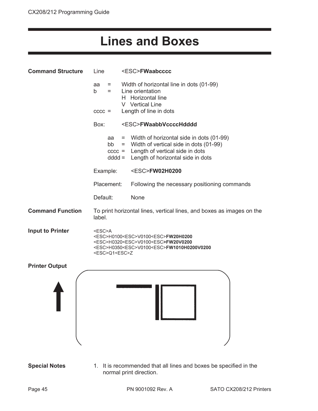 SATO CX208/212 manual Lines and Boxes, Command Structure Line ESCFWaabcccc, ESCFWaabbVccccHdddd 