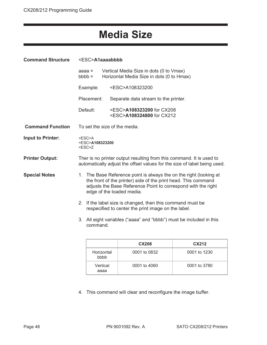 SATO CX208/212 manual Media Size, Command Structure ESCA1aaaabbbb 