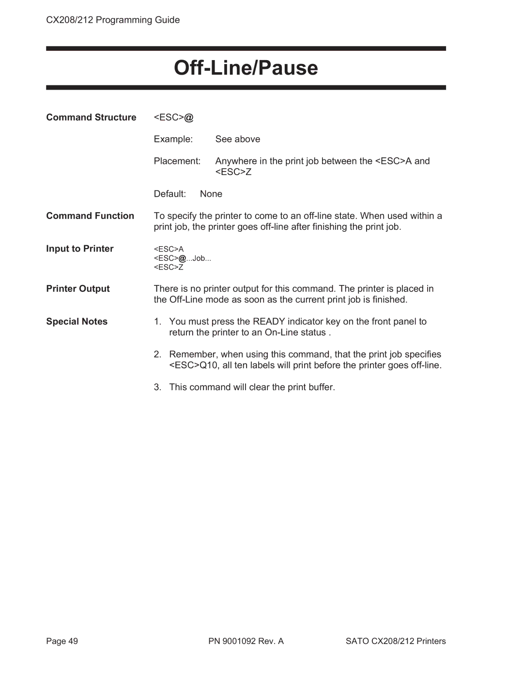 SATO CX208/212 manual Off-Line/Pause 