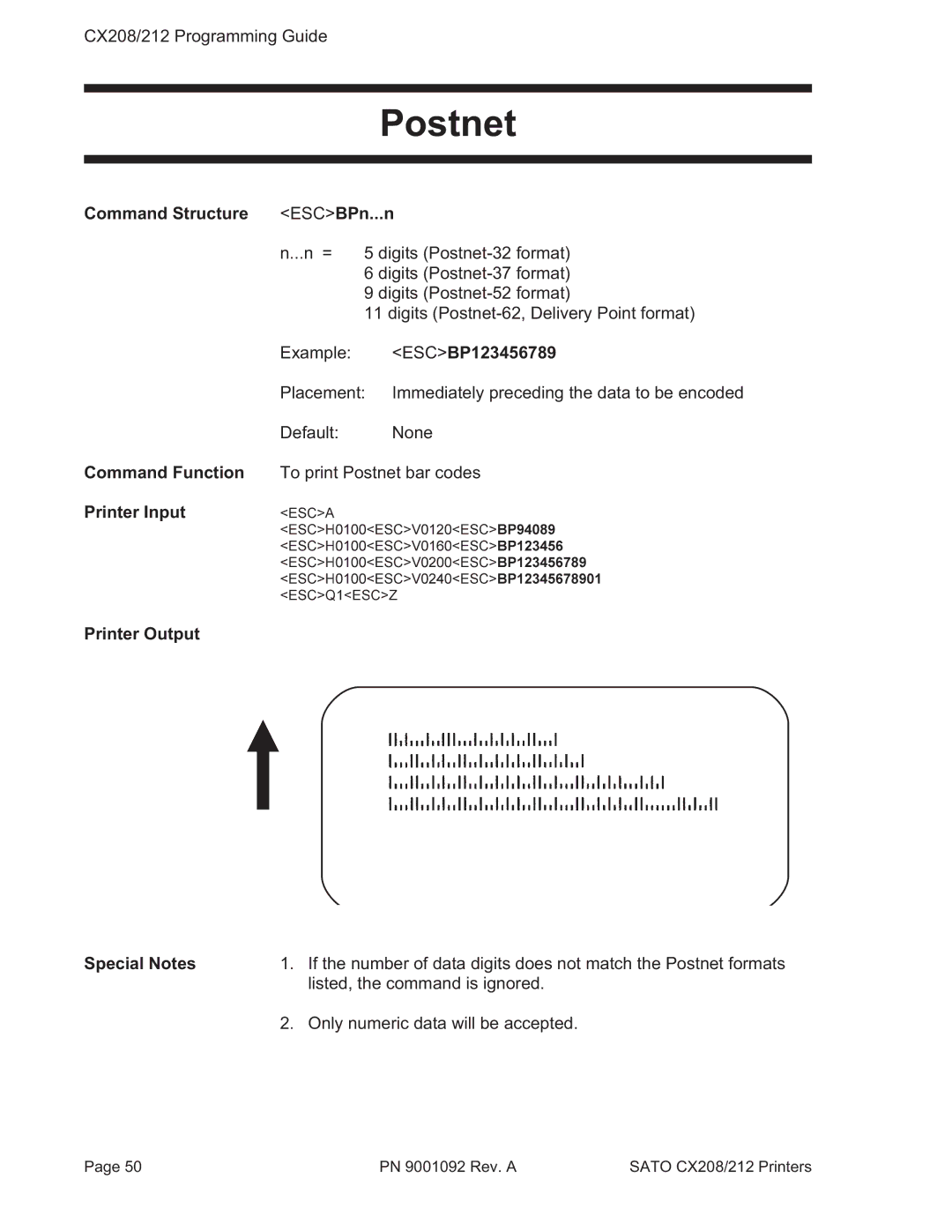 SATO CX208/212 manual Postnet, Command Structure ESCBPn...n 