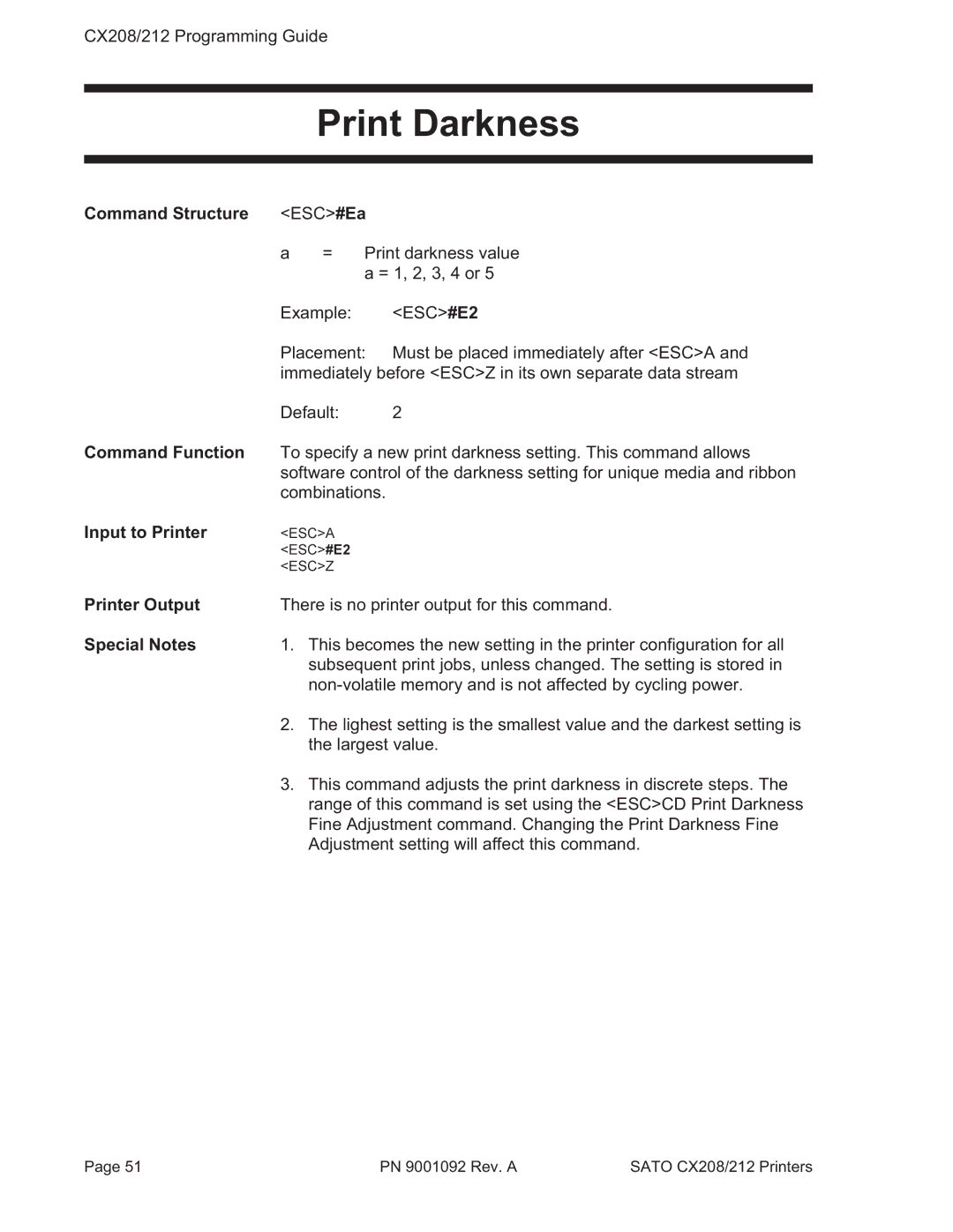SATO CX208/212 manual Print Darkness, Command Structure ESC#Ea 