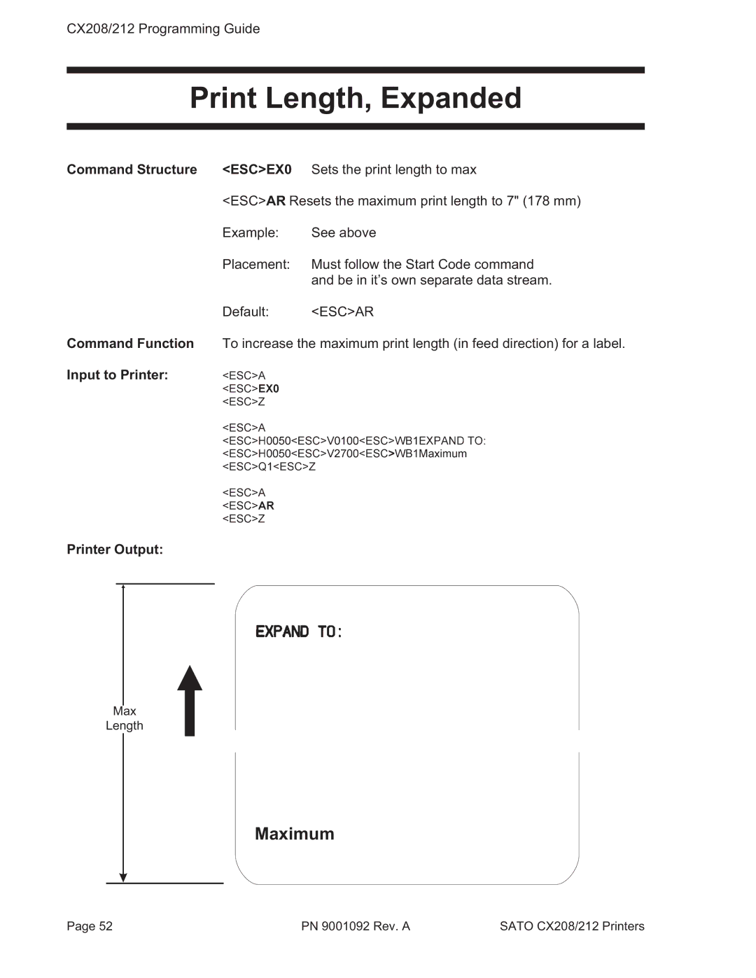 SATO CX208/212 manual Print Length, Expanded, Maximum 