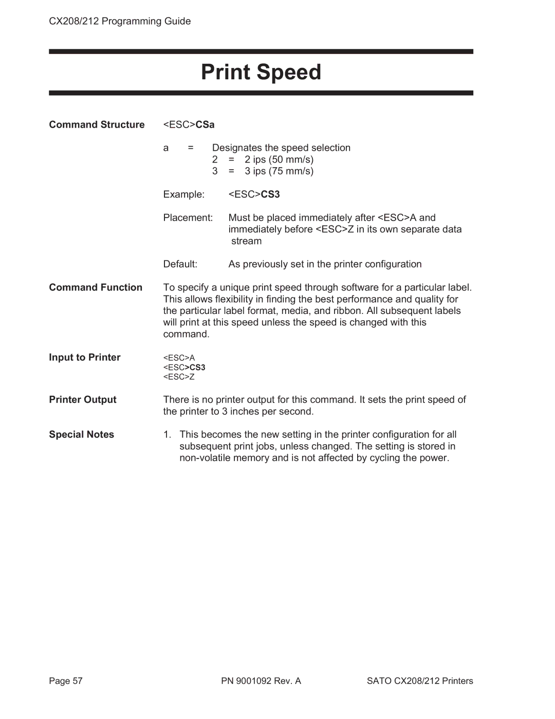 SATO CX208/212 manual Print Speed, Command Structure ESCCSa 