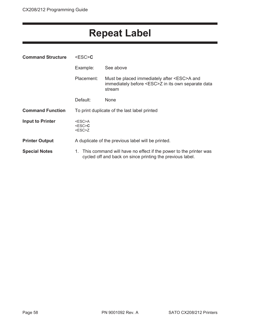 SATO CX208/212 manual Repeat Label, Escc 