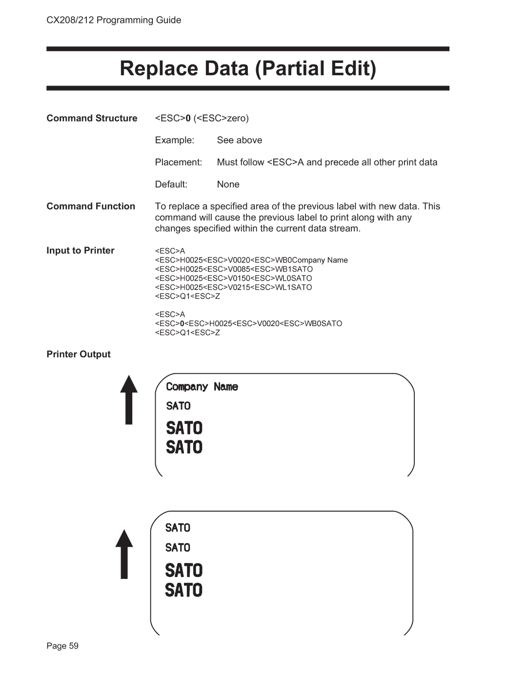 SATO CX208/212 manual Replace Data Partial Edit, Command Structure ESC0 ESCzero 