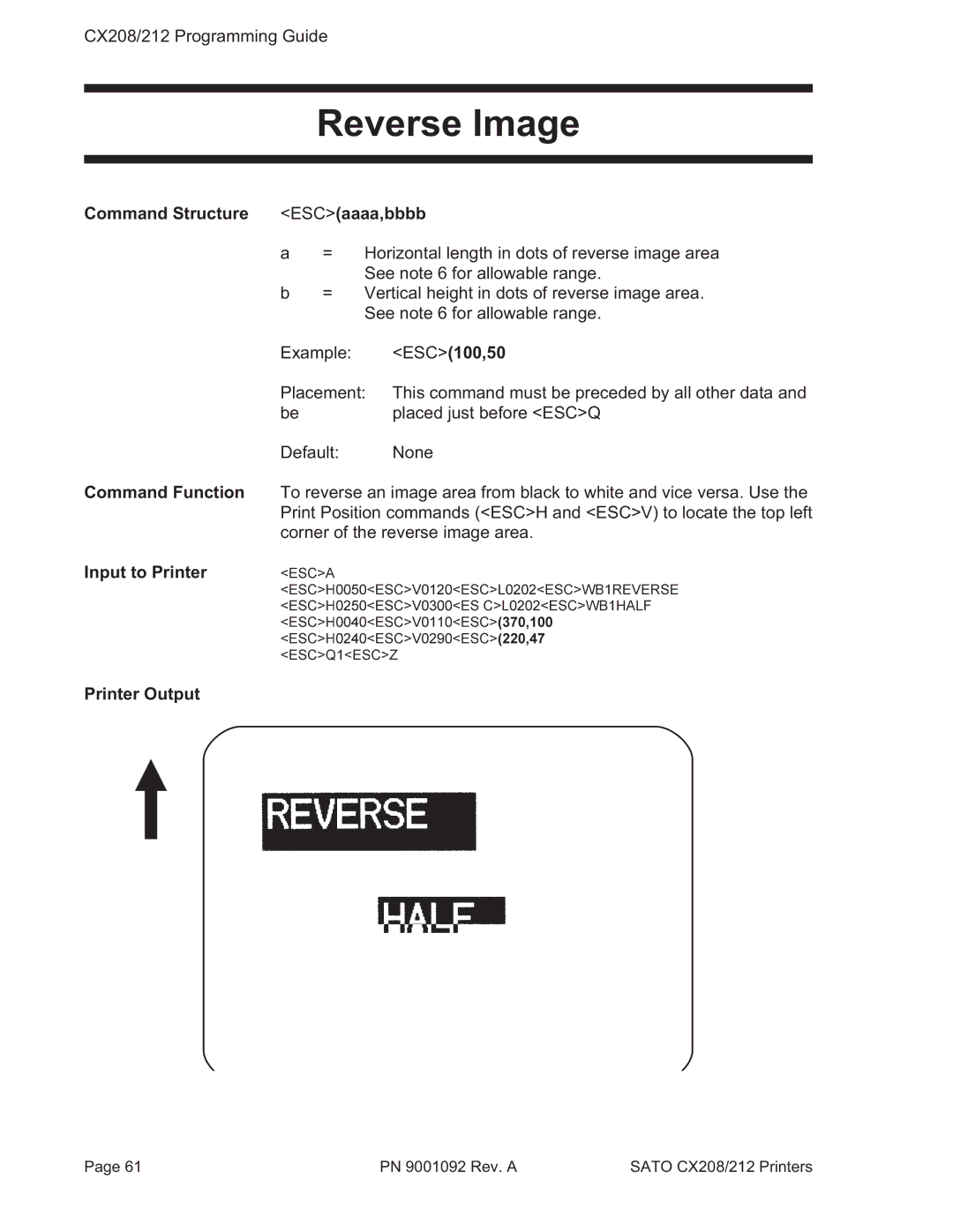 SATO CX208/212 manual Reverse Image, Command Structure ESCaaaa,bbbb, ESC100,50 