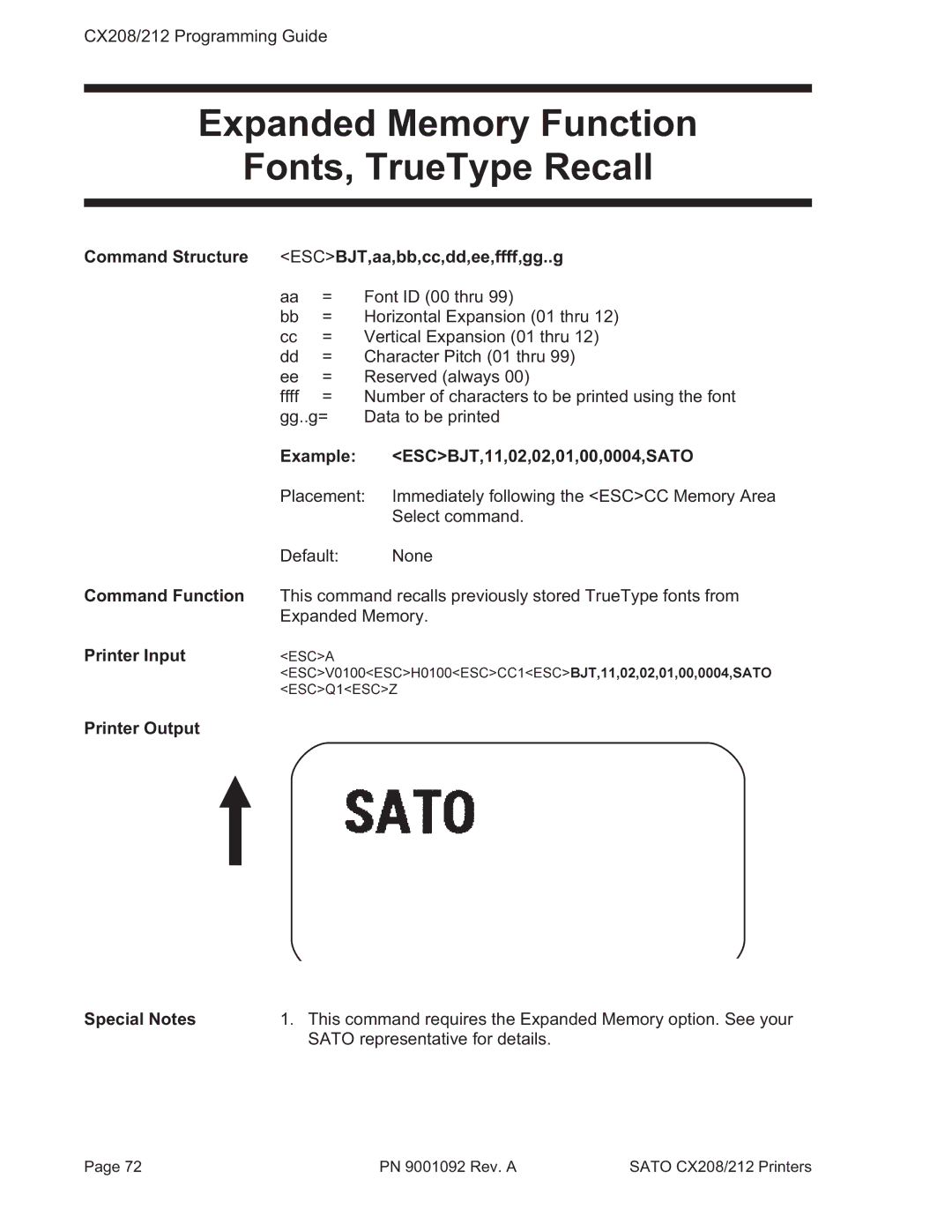 SATO CX208/212 manual Expanded Memory Function Fonts, TrueType Recall, Command Structure ESCBJT,aa,bb,cc,dd,ee,ffff,gg..g 